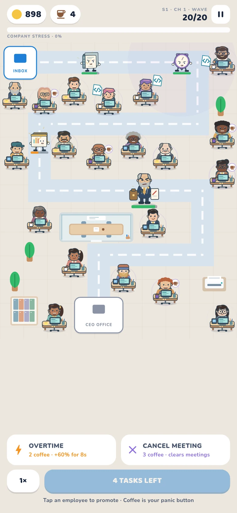 Actual office-defense gameplay with winding blue corridor, employees at their workstations, budget and coffee HUD