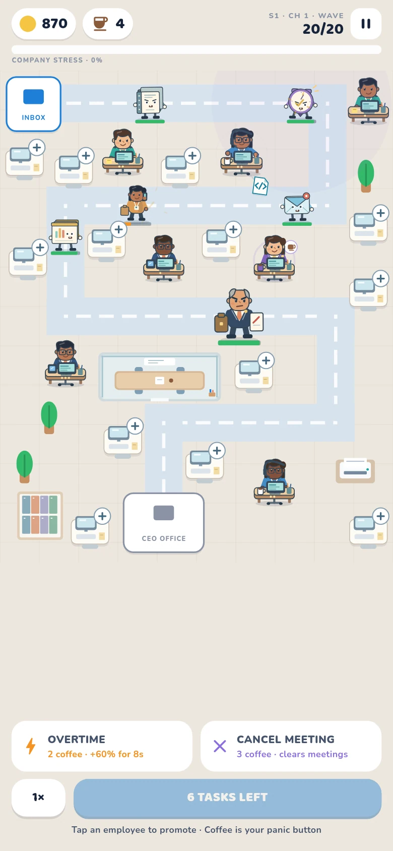 Real gameplay screenshot showing employees defending the office